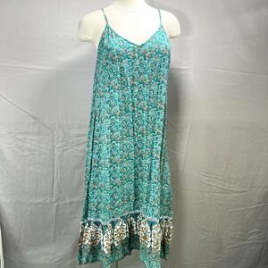Handmade Tanah Folk Floral Midi Dress Womens Small Boho‎ Teal Hamsa Charm Boho